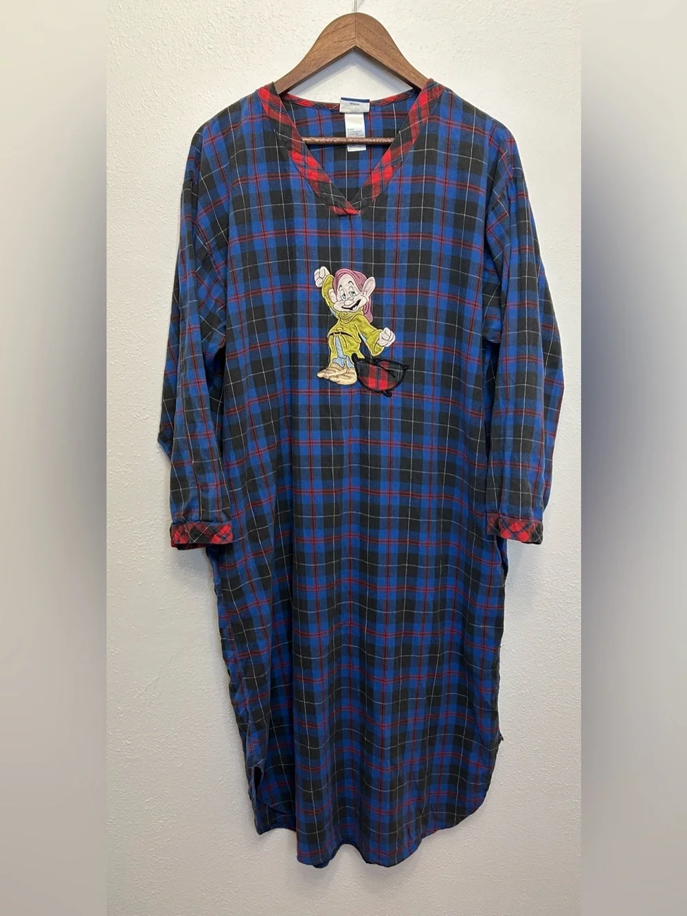 Vintage Disney Dopey Embroidered Blue/Red Plaid Long Sleeve Flannel Nightgown - Picture 1 of 7